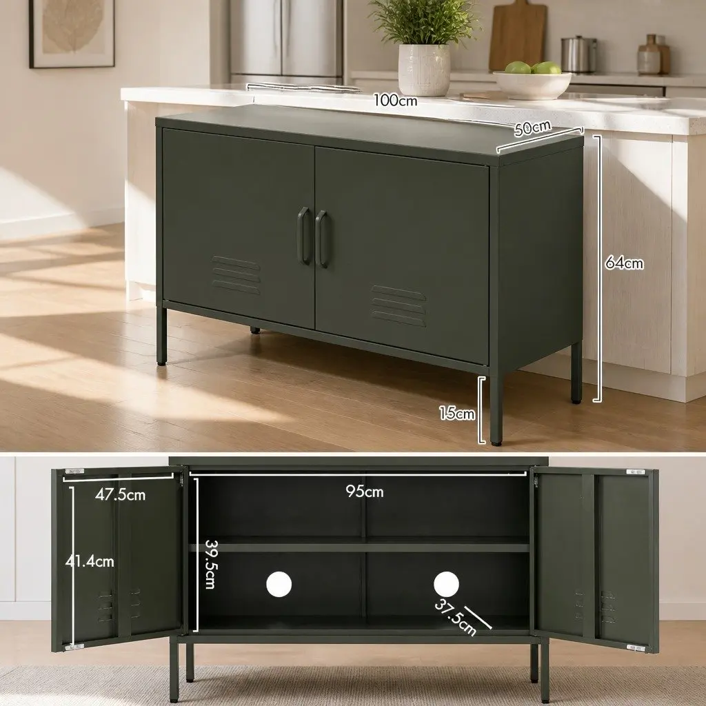 Metal Buffet Sideboard Adjustable Shelf Green 100cm x 40cm x 64cm