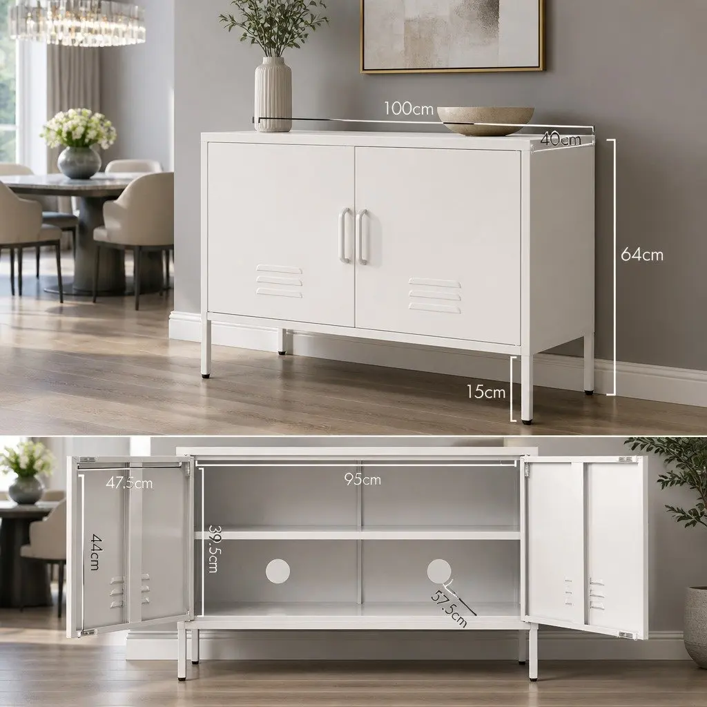 Buffet Sideboard Storage Cabinet White Cold Rolled Steel 100cm W x 40cm D x 64cm H