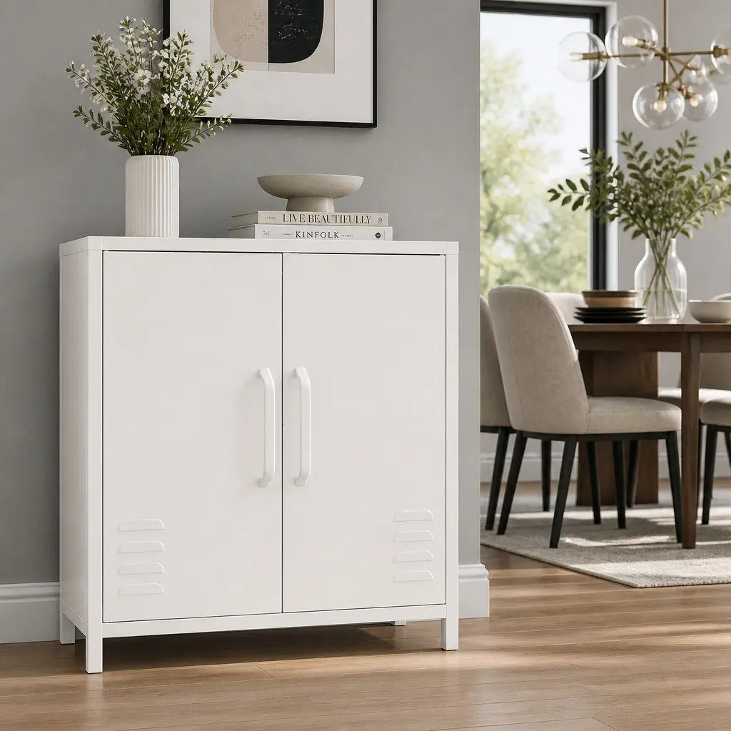 Buffet Sideboard Storage Cabinet White Cold Rolled Steel 100cm W x 40cm D x 64cm H
