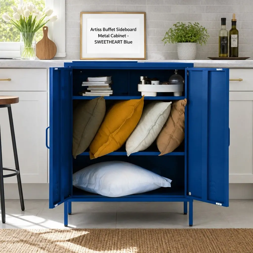 Blue Metal Buffet Sideboard Cabinet Storage Dining Room Furniture with