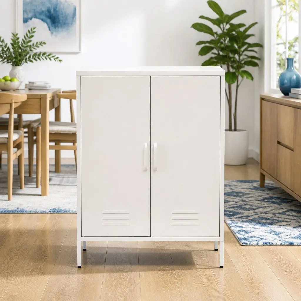 White Metal Buffet Sideboard Cabinet Storage with Adjustable Shelves and Hooks