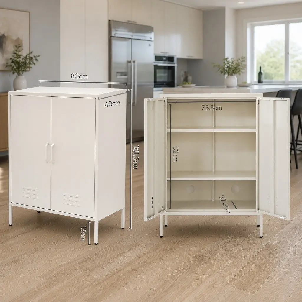 Buffet Sideboard Cabinet White Metal with Adjustable Shelves and Hooks 80cm x 40cm x 1015cm
