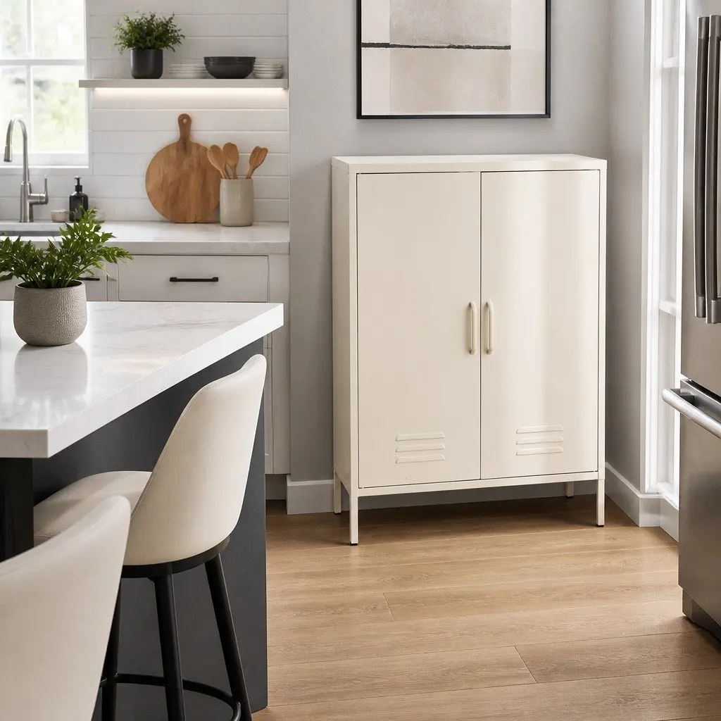 Buffet Sideboard Cabinet White Metal with Adjustable Shelves and Hooks 80cm x 40cm x 1015cm