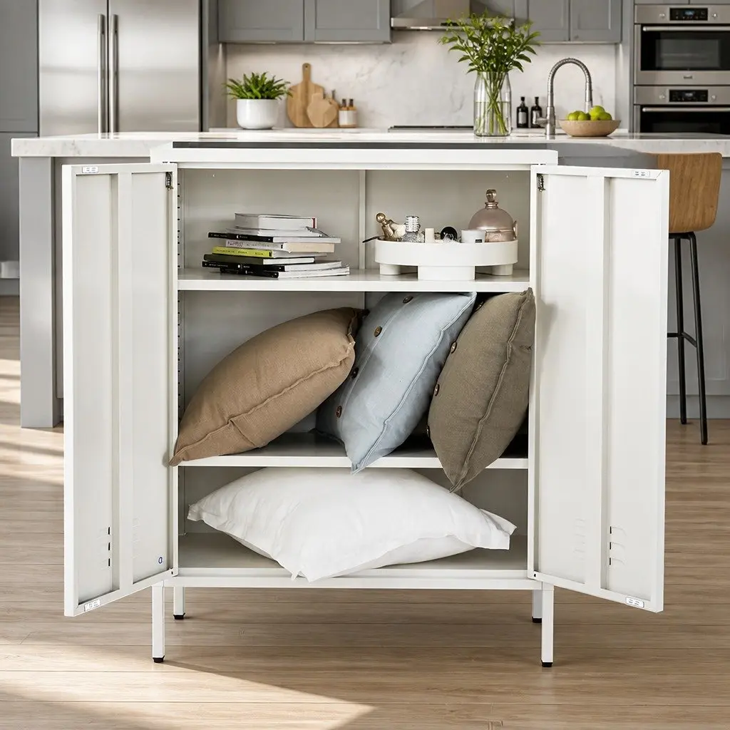 Buffet Sideboard Cabinet White Metal with Adjustable Shelves and Hooks 80cm x 40cm x 1015cm