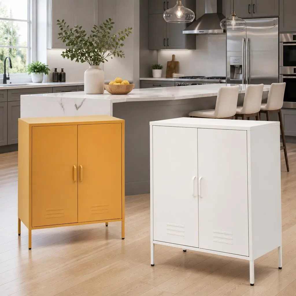 Buffet Sideboard Cabinet White Metal with Adjustable Shelves and Hooks 80cm x 40cm x 1015cm