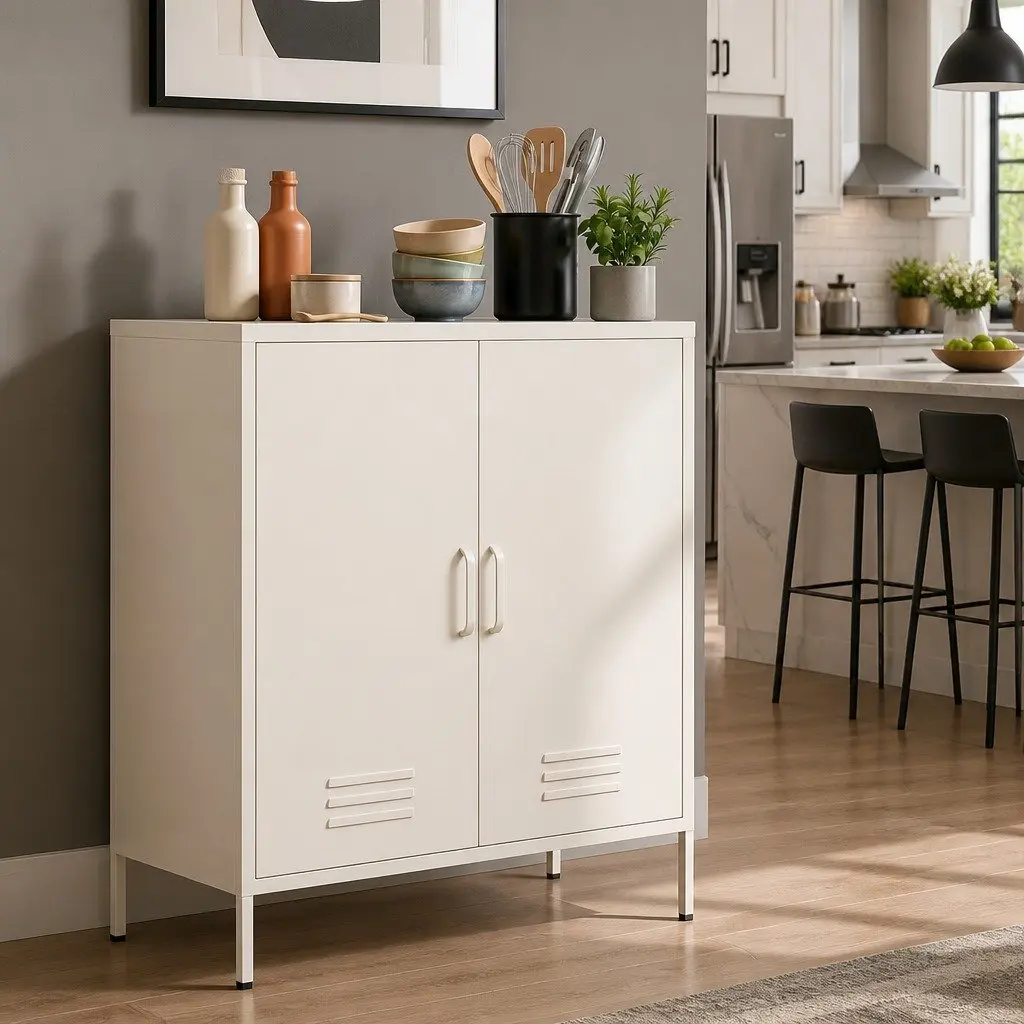 Buffet Sideboard Cabinet White Metal with Adjustable Shelves and Hooks 80cm x 40cm x 1015cm