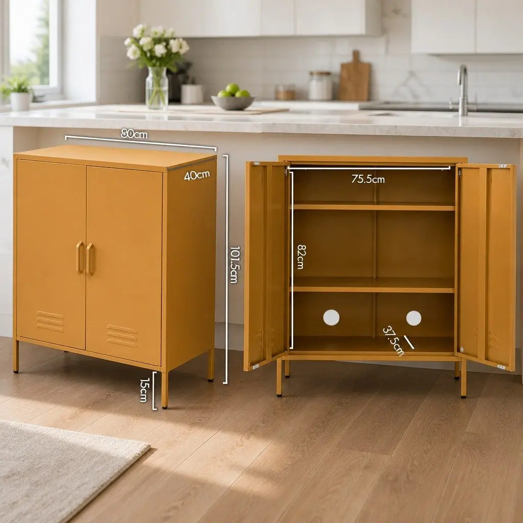 Metal Buffet Sideboard Cabinet Yellow Cold Rolled Steel with Adjustable Shelves 80cm x 40cm x 1015cm