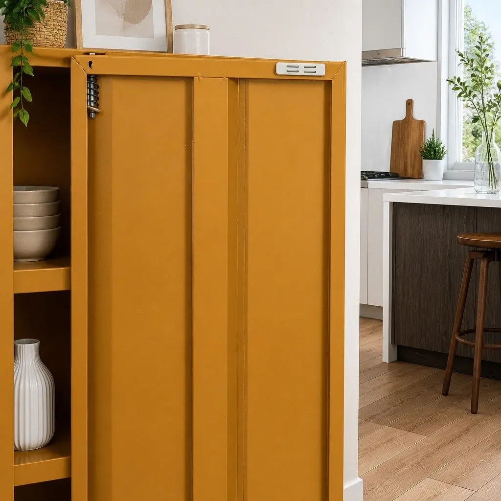 Metal Buffet Sideboard Cabinet Yellow Cold Rolled Steel with Adjustable Shelves 80cm x 40cm x 1015cm
