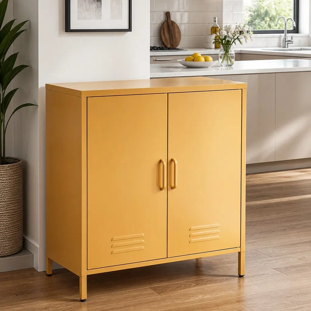 Metal Buffet Sideboard Cabinet Yellow Cold Rolled Steel with Adjustable Shelves 80cm x 40cm x 1015cm