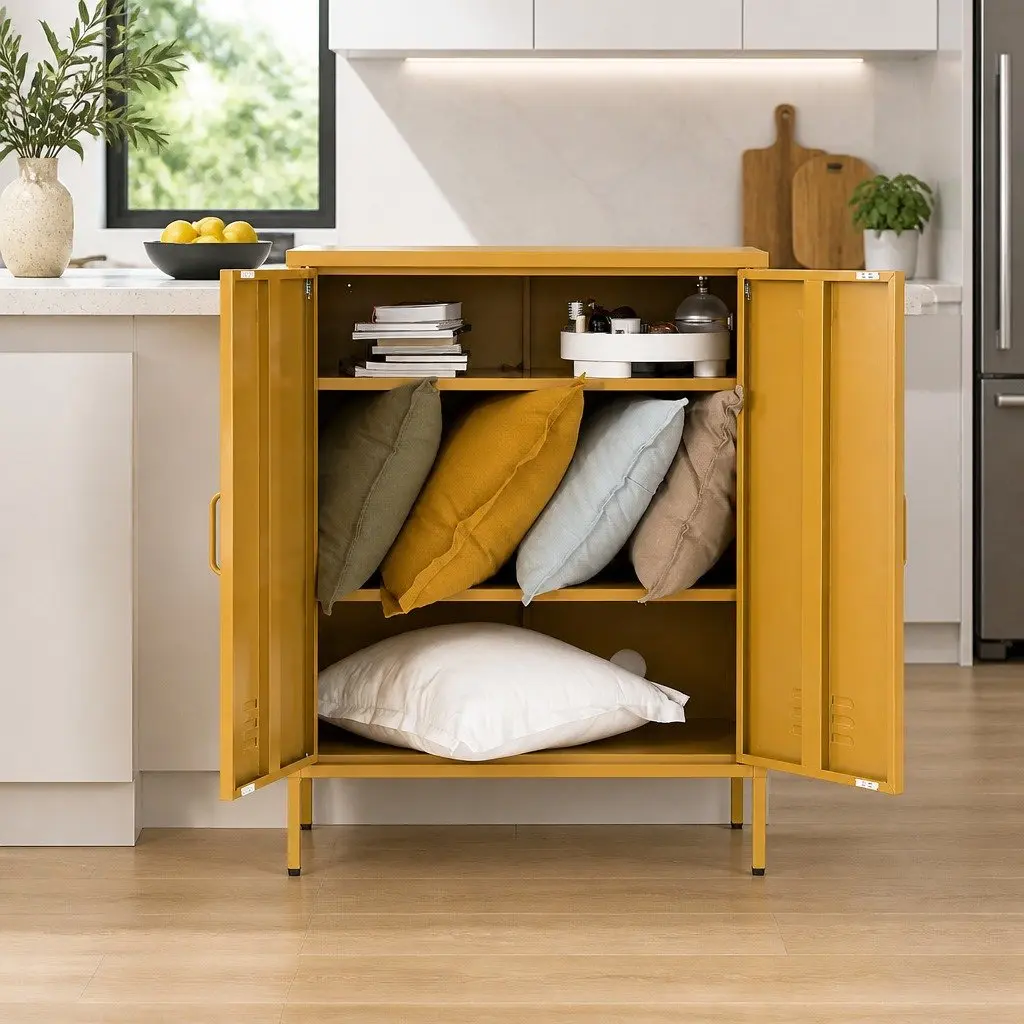 Metal Buffet Sideboard Cabinet Yellow Cold Rolled Steel with Adjustable Shelves 80cm x 40cm x 1015cm