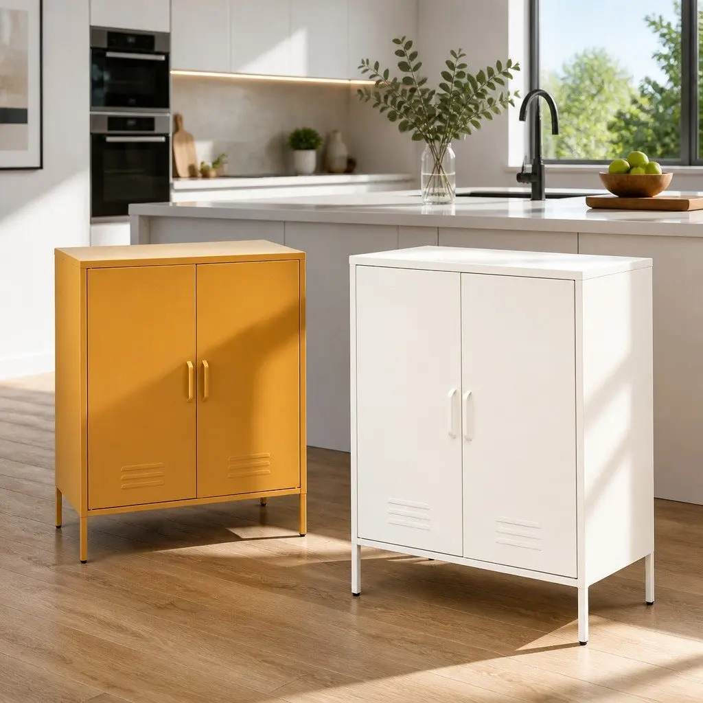 Metal Buffet Sideboard Cabinet Yellow Cold Rolled Steel with Adjustable Shelves 80cm x 40cm x 1015cm