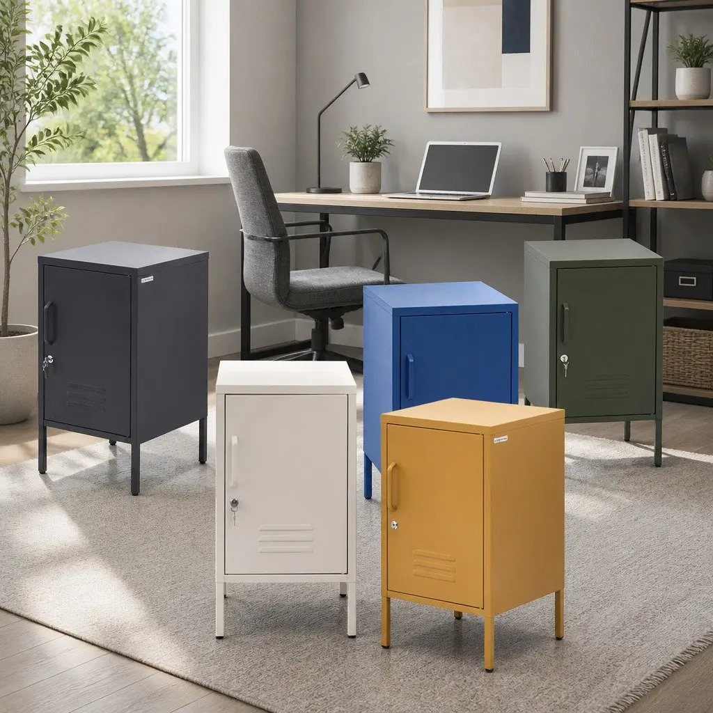Metal Bedside Table White Storage Locker Compact with Adjustable Shelf