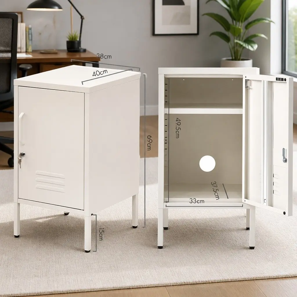 Metal Bedside Table White Storage Locker Compact with Adjustable Shelf
