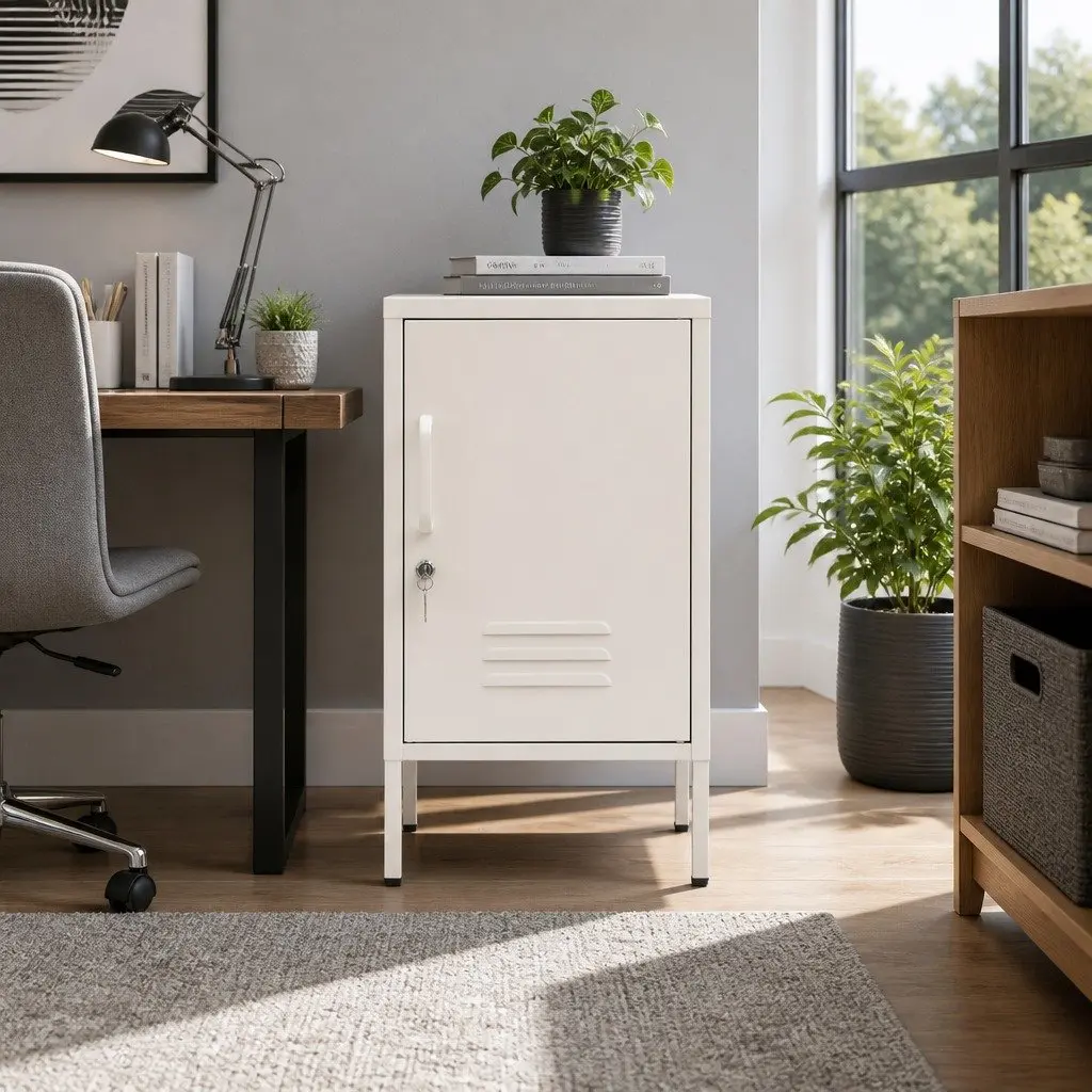Metal Bedside Table White Storage Locker Compact with Adjustable Shelf