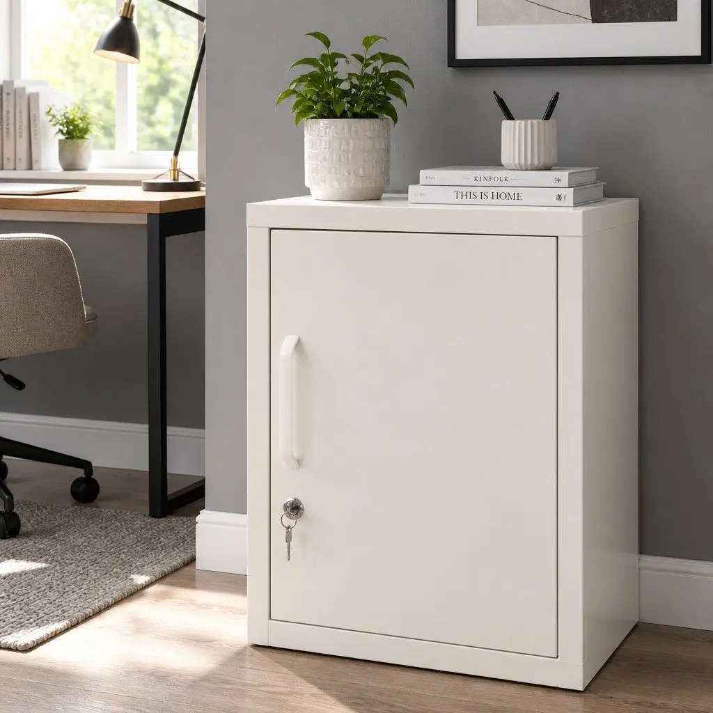 Metal Bedside Table White Storage Locker Compact with Adjustable Shelf