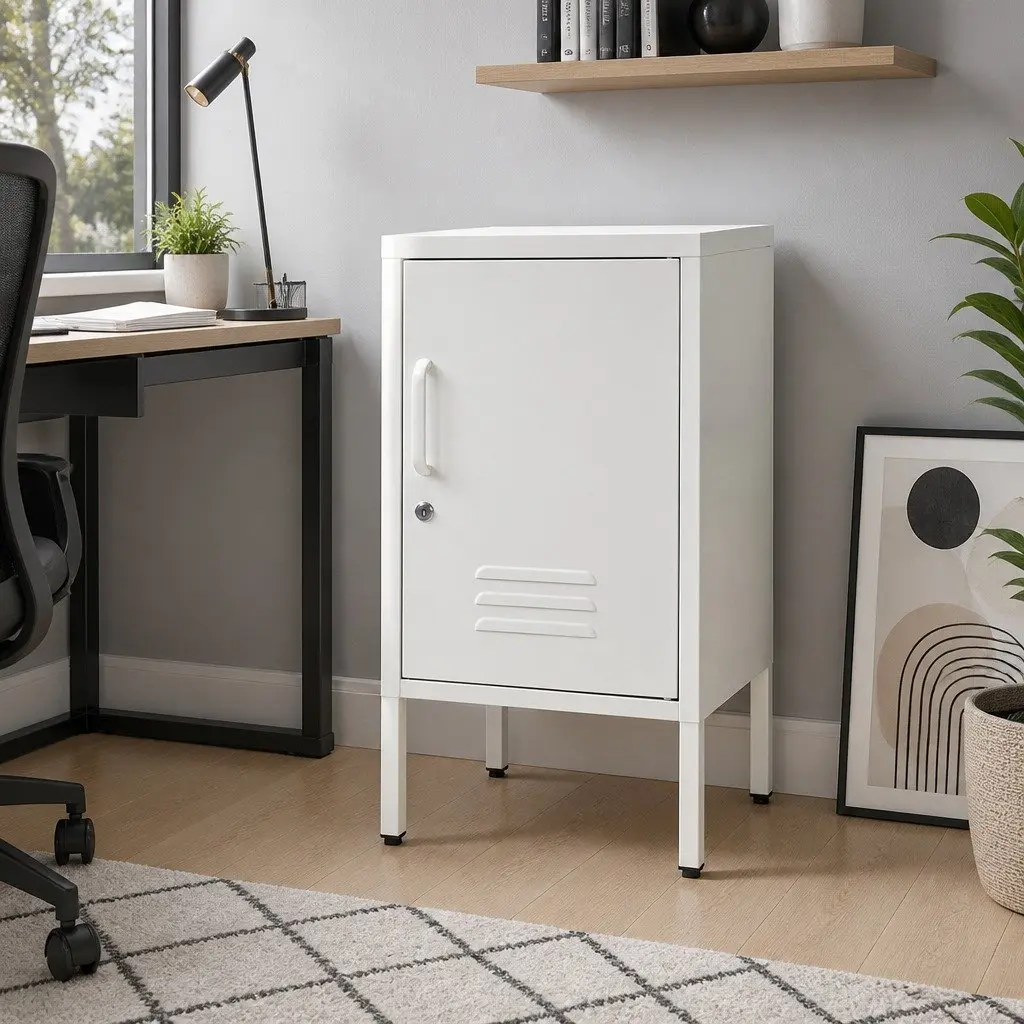 Metal Bedside Table White Storage Locker Compact with Adjustable Shelf
