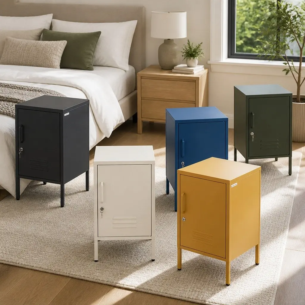 Metal Bedside Table Lock Yellow Adjustable Shelf Cabinet