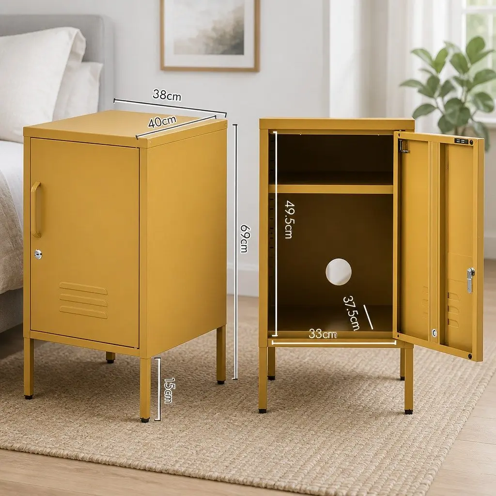 Metal Bedside Table Lock Yellow Adjustable Shelf Cabinet