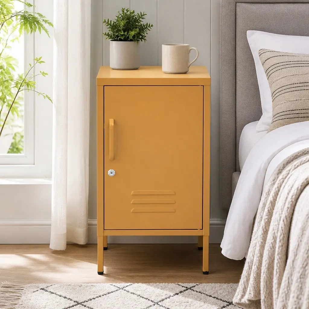 Metal Bedside Table Lock Yellow Adjustable Shelf Cabinet
