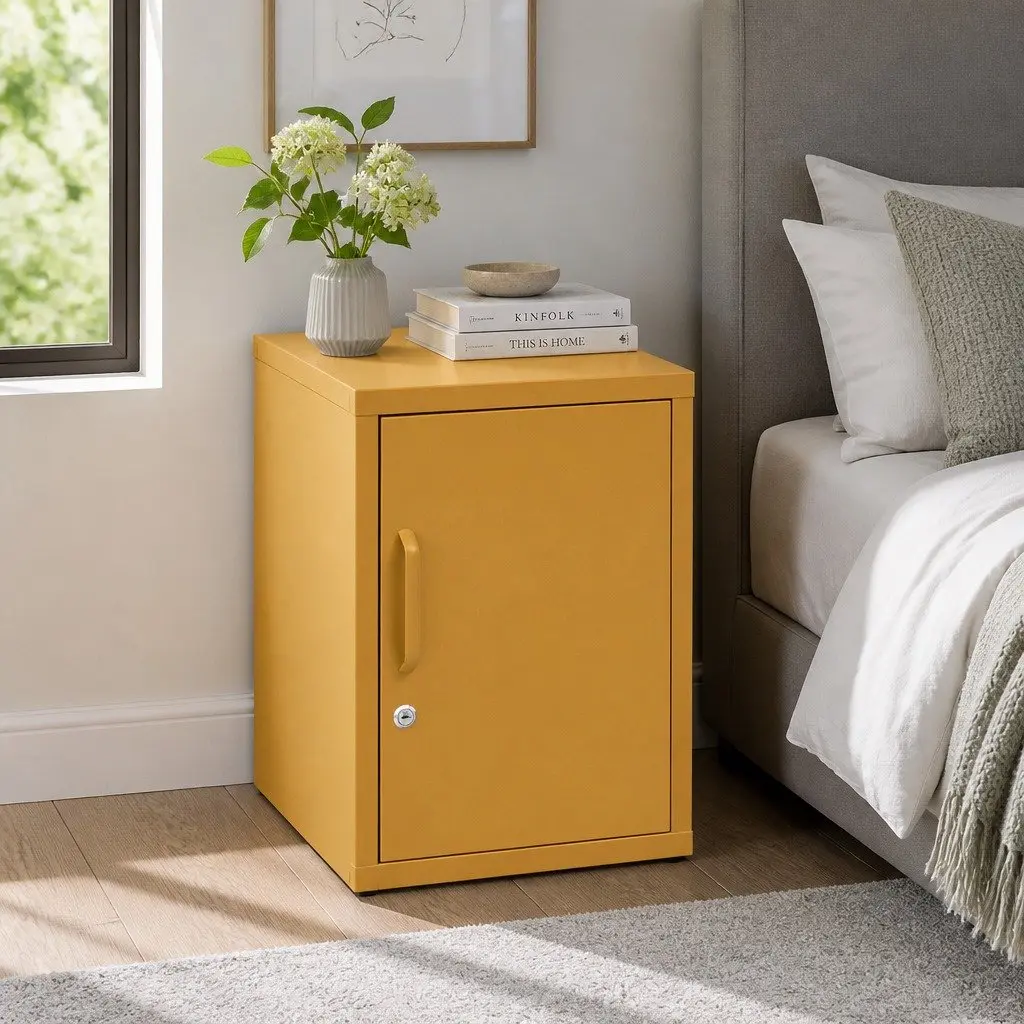 Metal Bedside Table Lock Yellow Adjustable Shelf Cabinet