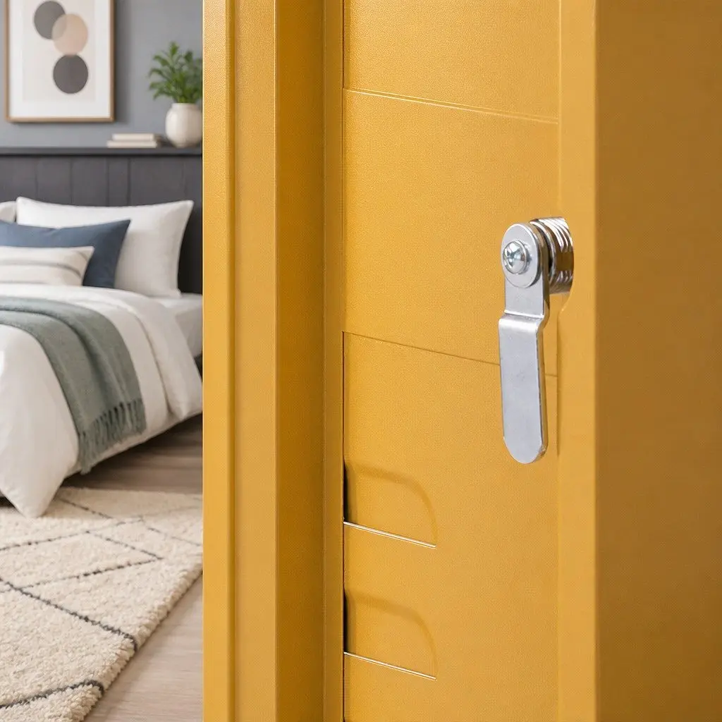 Metal Bedside Table Lock Yellow Adjustable Shelf Cabinet