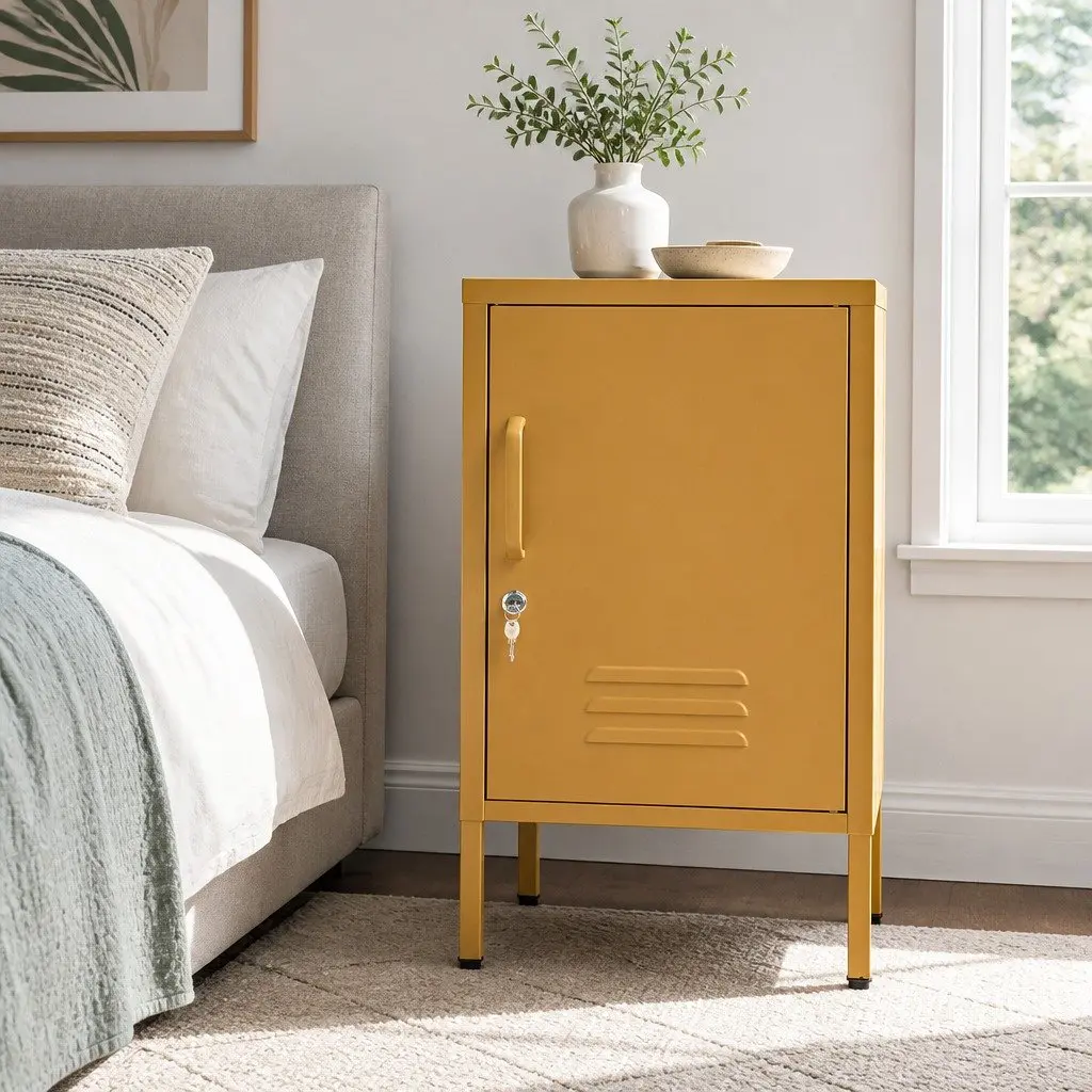 Metal Bedside Table Lock Yellow Adjustable Shelf Cabinet