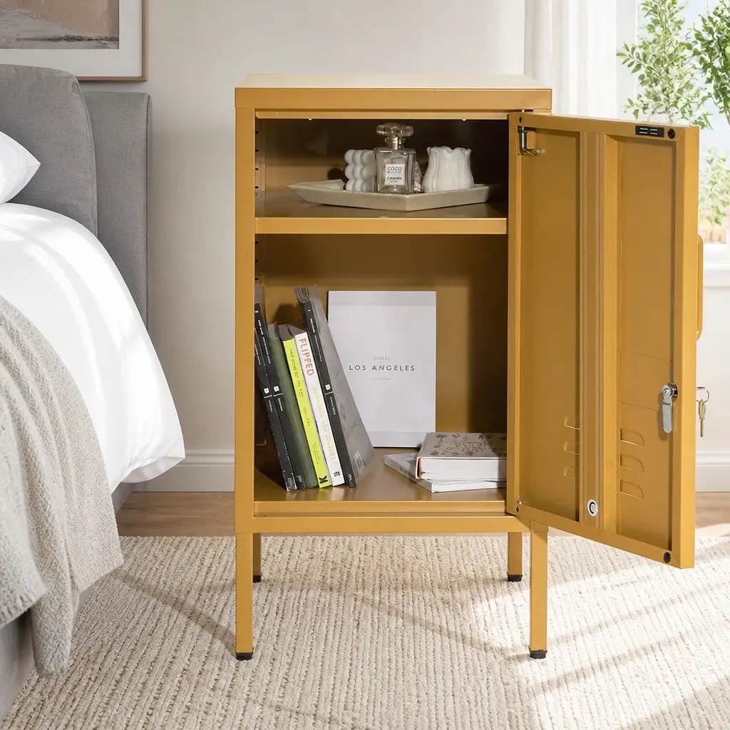 Metal Bedside Table Lock Yellow Adjustable Shelf Cabinet