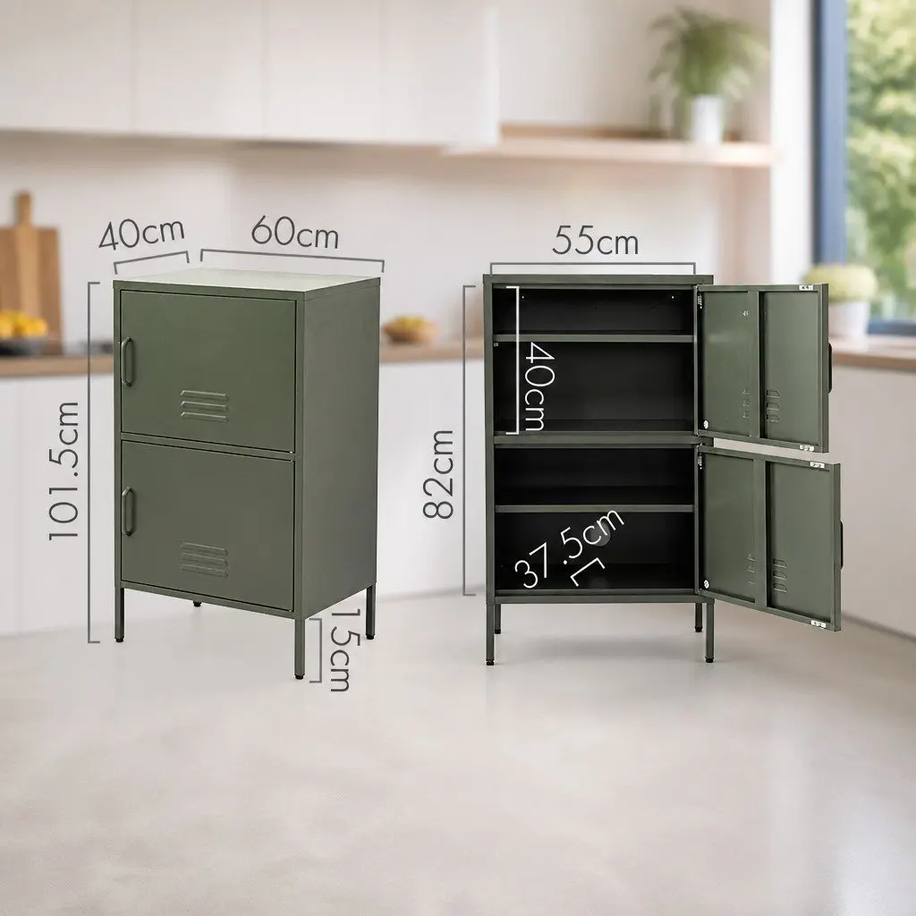 Buffet Sideboard Cabinet Green Metal Storage Double Shelf 60cm W x 40cm D x 101.5cm H