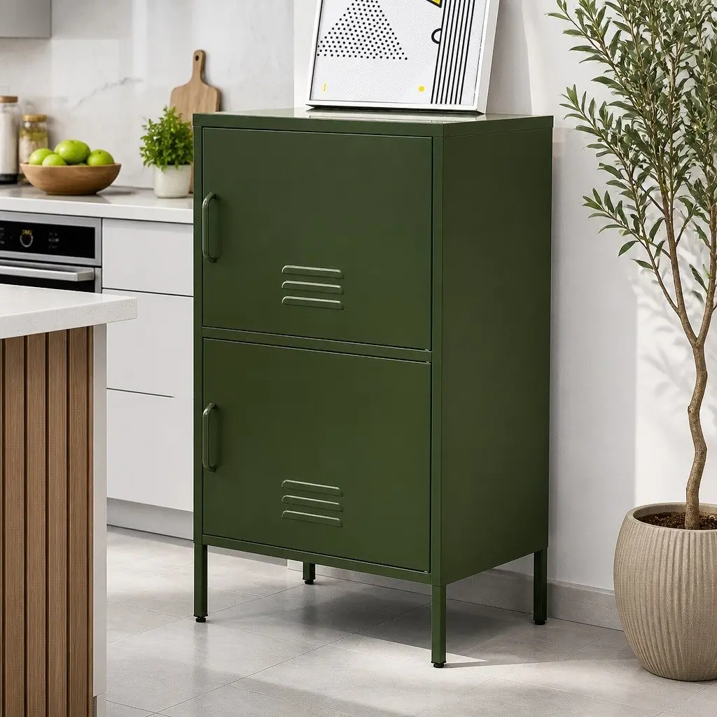 Buffet Sideboard Cabinet Green Metal Storage Double Shelf 60cm W x 40cm D x 101.5cm H