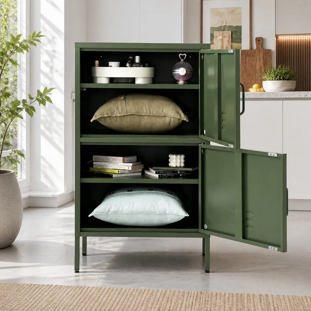 Buffet Sideboard Cabinet Green Metal Storage Double Shelf 60cm W x 40cm D x 101.5cm H