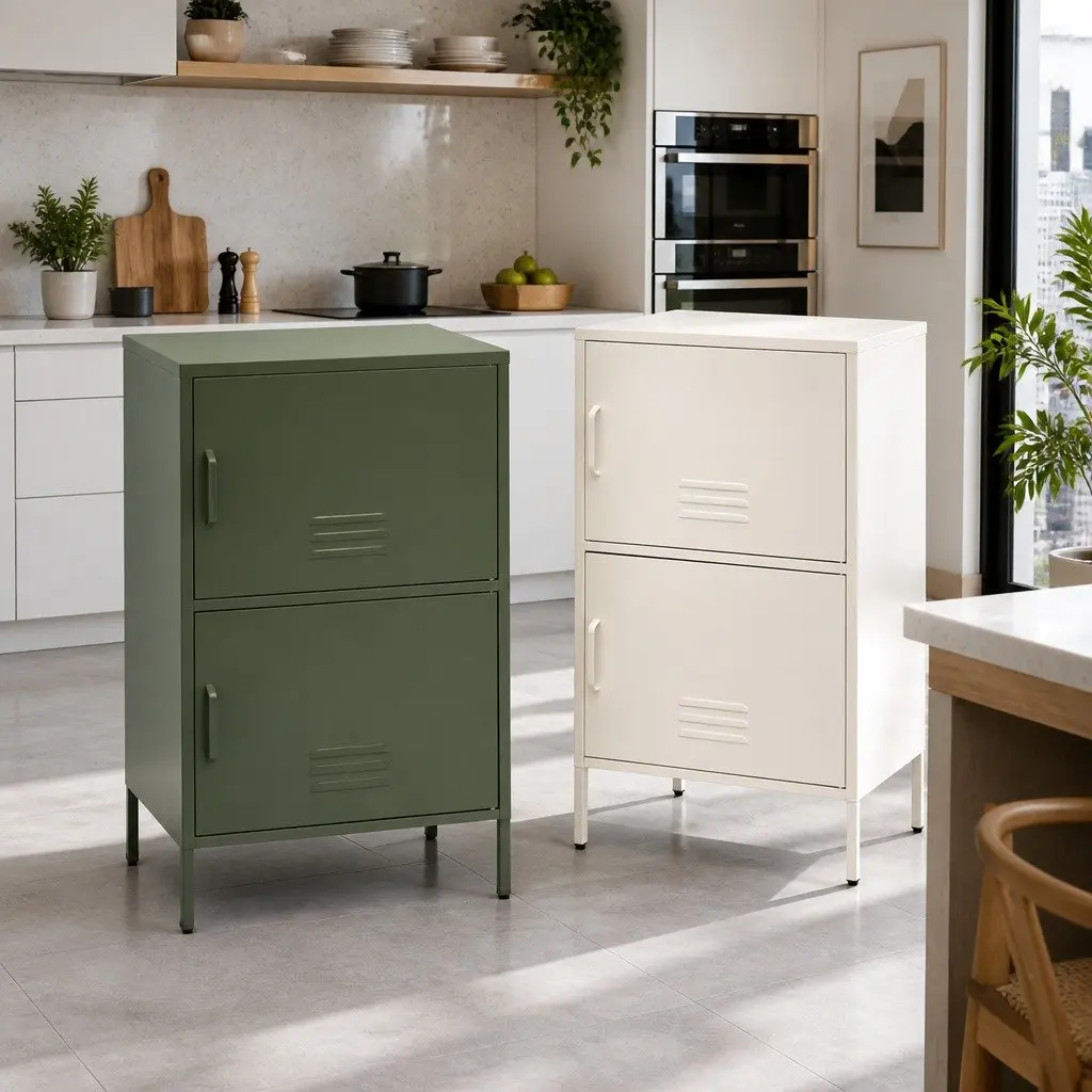 Buffet Sideboard Cabinet Green Metal Storage Double Shelf 60cm W x 40cm D x 101.5cm H
