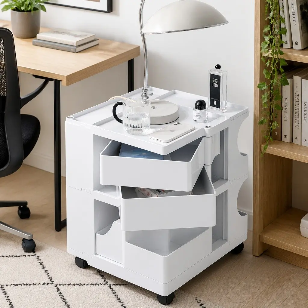 Storage Trolley Cart with Fold-Out Shelves Bedside Table Compact White Organizer