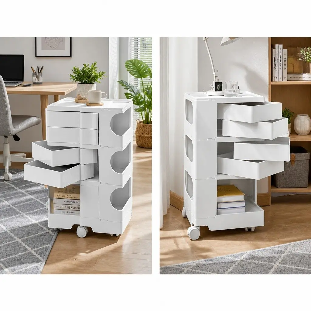 Storage Trolley Cart with Fold-Out Shelves Bedside Table Compact White Organizer