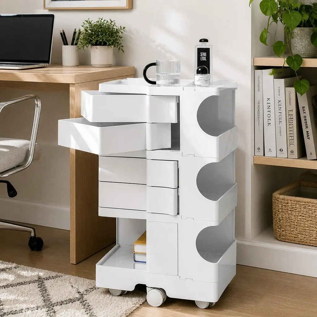 Storage Trolley Cart with Fold-Out Shelves Bedside Table Compact White Organizer