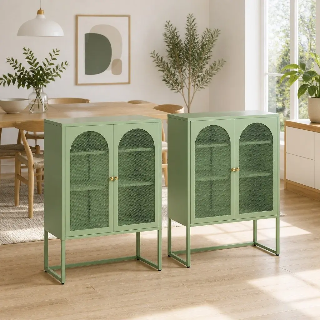 2x Buffet Sideboard Cabinet Storage Mesh Doors Green Dining Cupboard Set