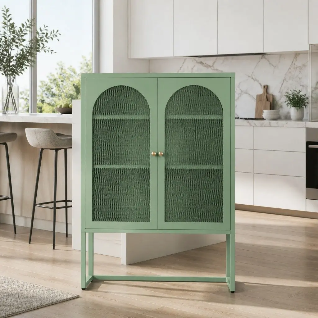 Buffet Sideboard Storage Cabinet 2-Door Light Green Mesh Dining Furniture
