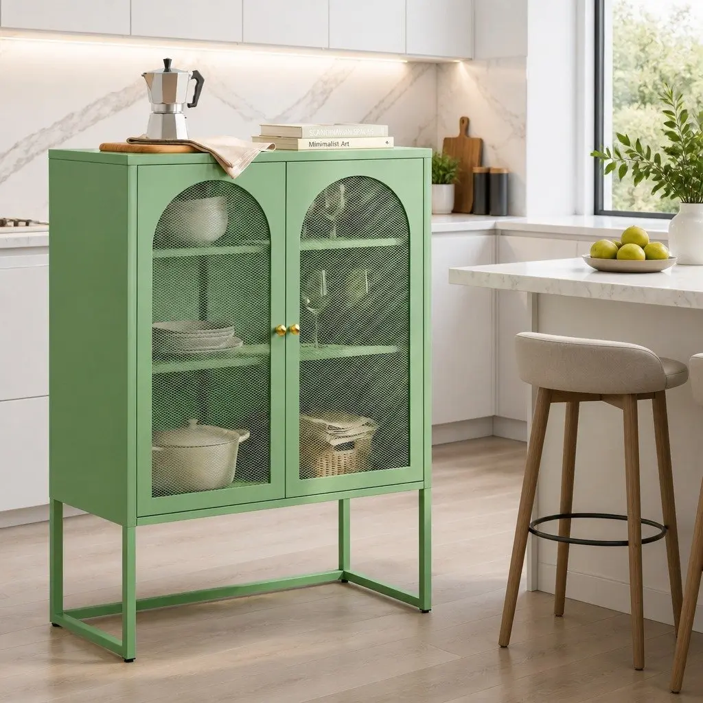 Buffet Storage Cabinet 2-Door Light Green Mesh Modern Dining Furniture 85cmW x 40cmD x 120cmH