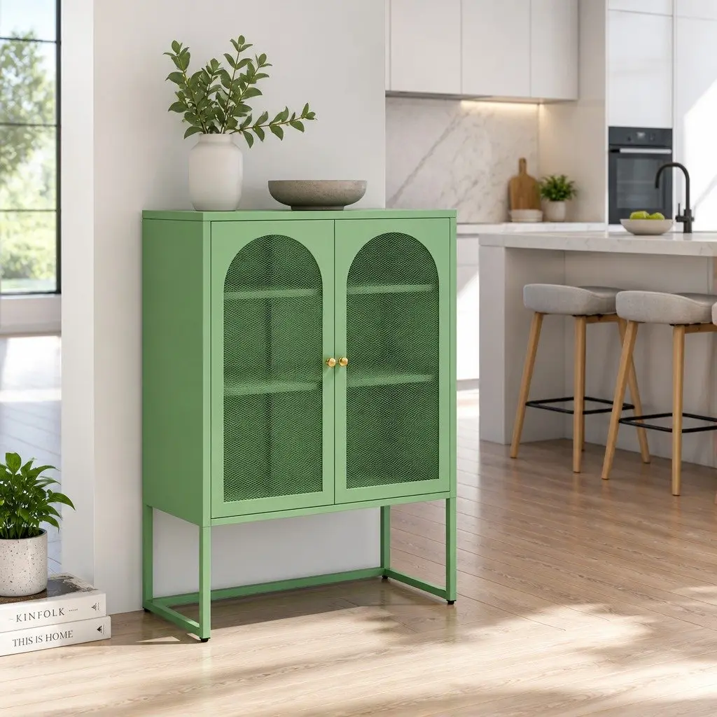 Buffet Storage Cabinet 2-Door Light Green Mesh Modern Dining Furniture 85cmW x 40cmD x 120cmH