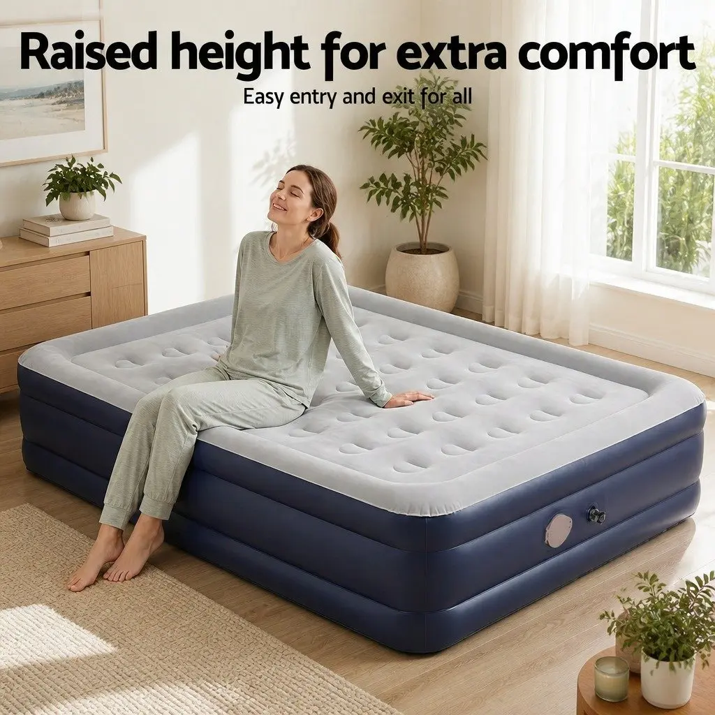 Queen Air Mattress Inflatable Bed 46cm Height Flocked Surface with Integrated USB Pump