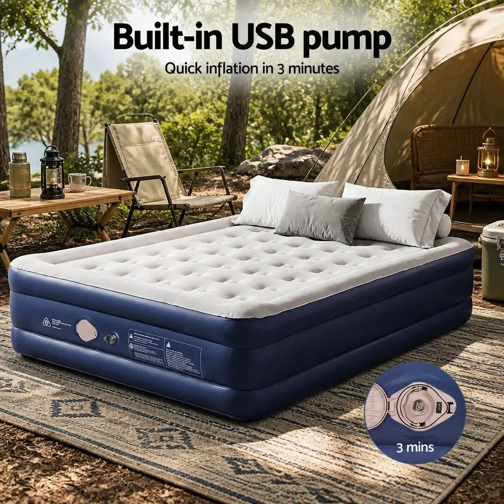 Queen Air Mattress Inflatable Bed 46cm Height Flocked Surface with Integrated USB Pump