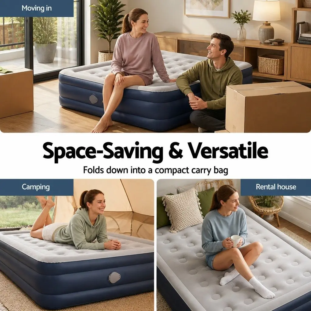 Queen Air Mattress Inflatable Bed 46cm Height Flocked Surface with Integrated USB Pump