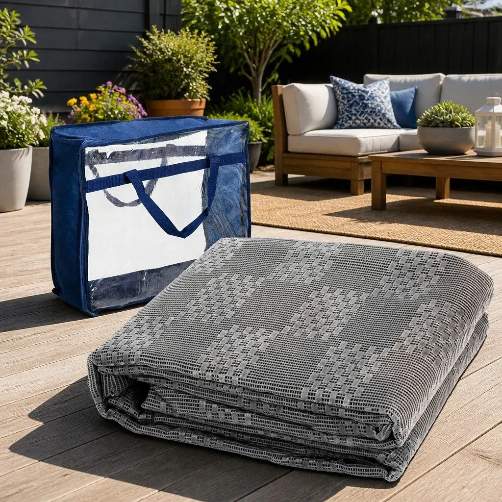 Annex Matting 4x2.5M Caravan Floor Mat Grey 600GSM Hollow Mesh Design Non-Slip