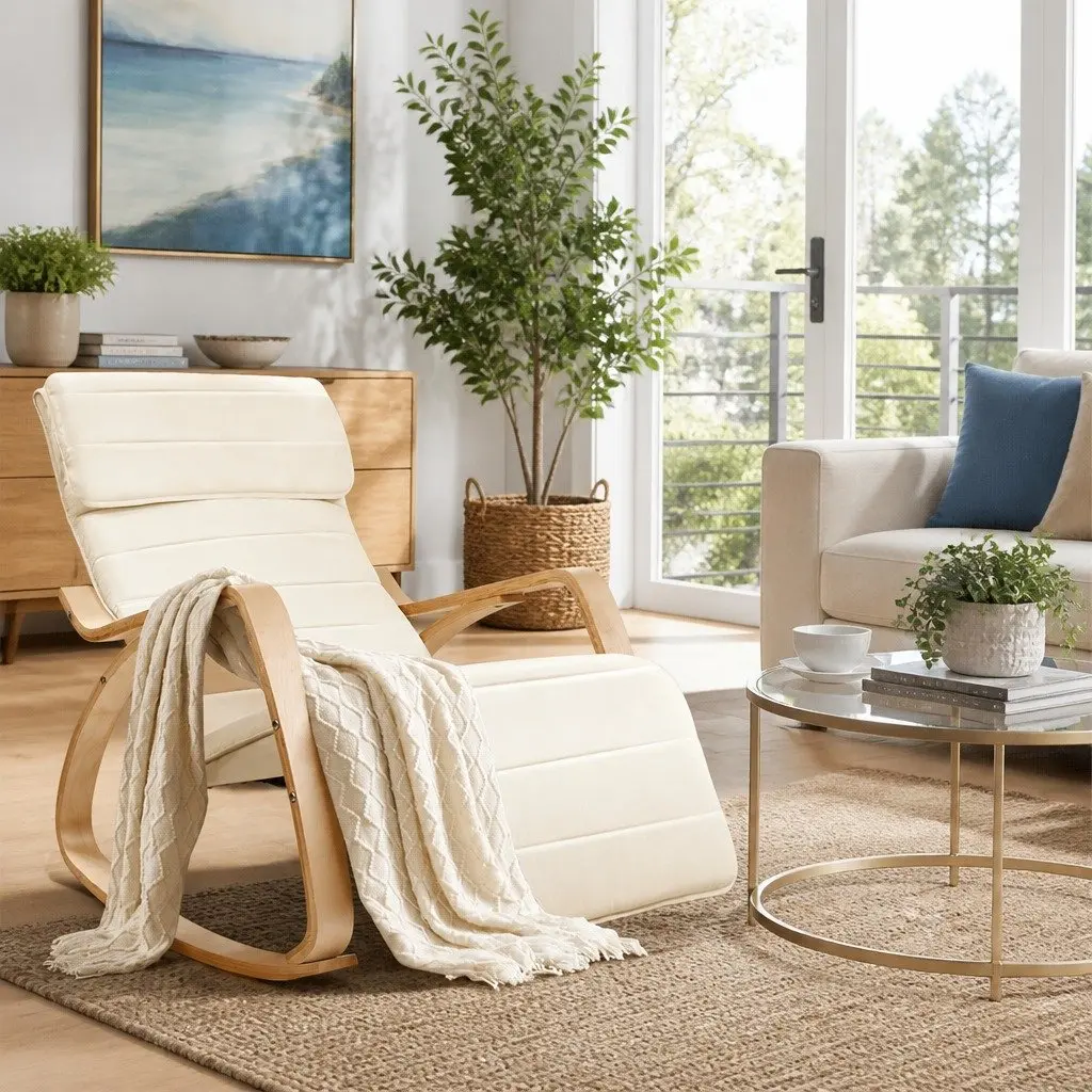 Rocking Armchair with Adjustable Footrest Nursing Chair Beige Bentwood Design