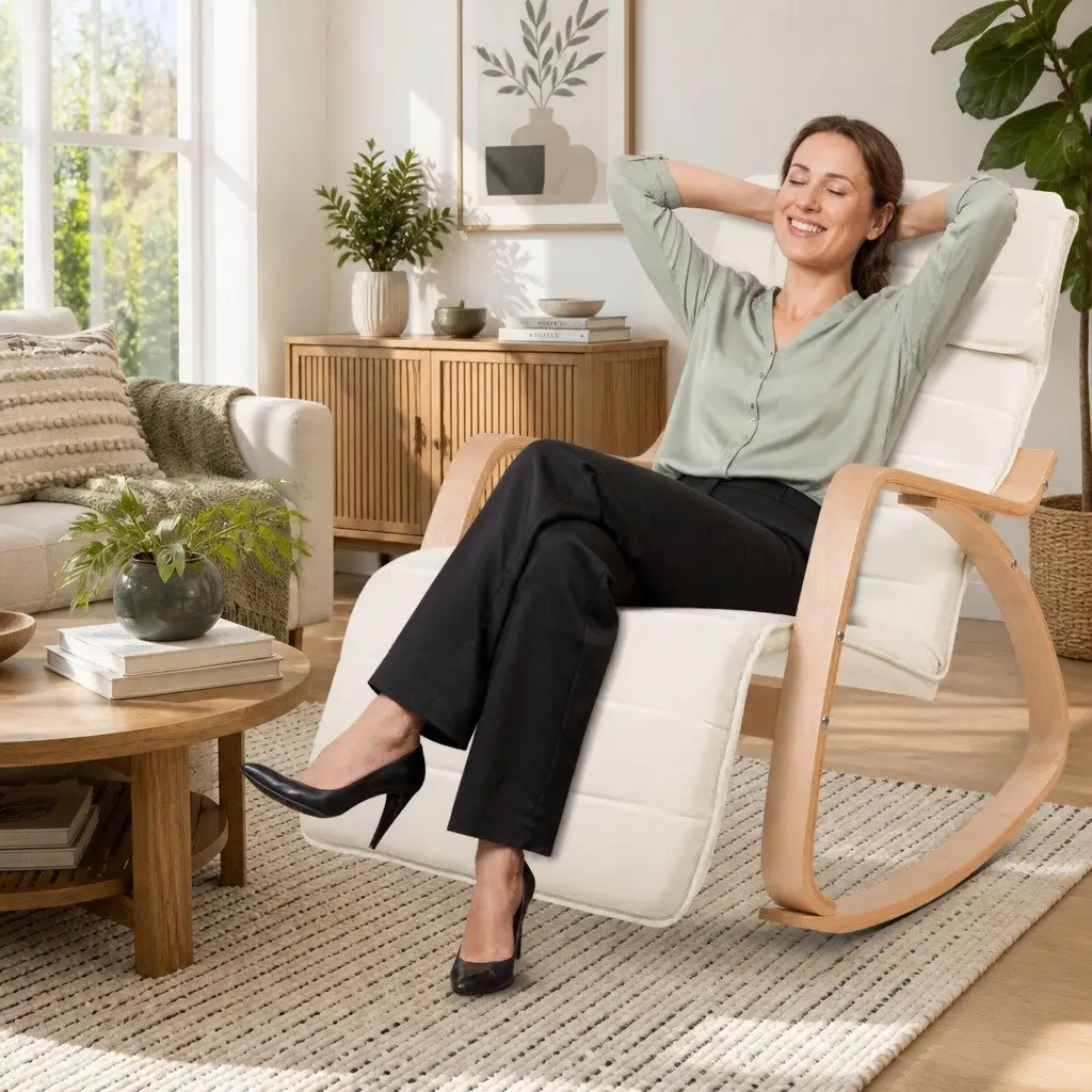 Rocking Armchair with Adjustable Footrest Nursing Chair Beige Bentwood Design