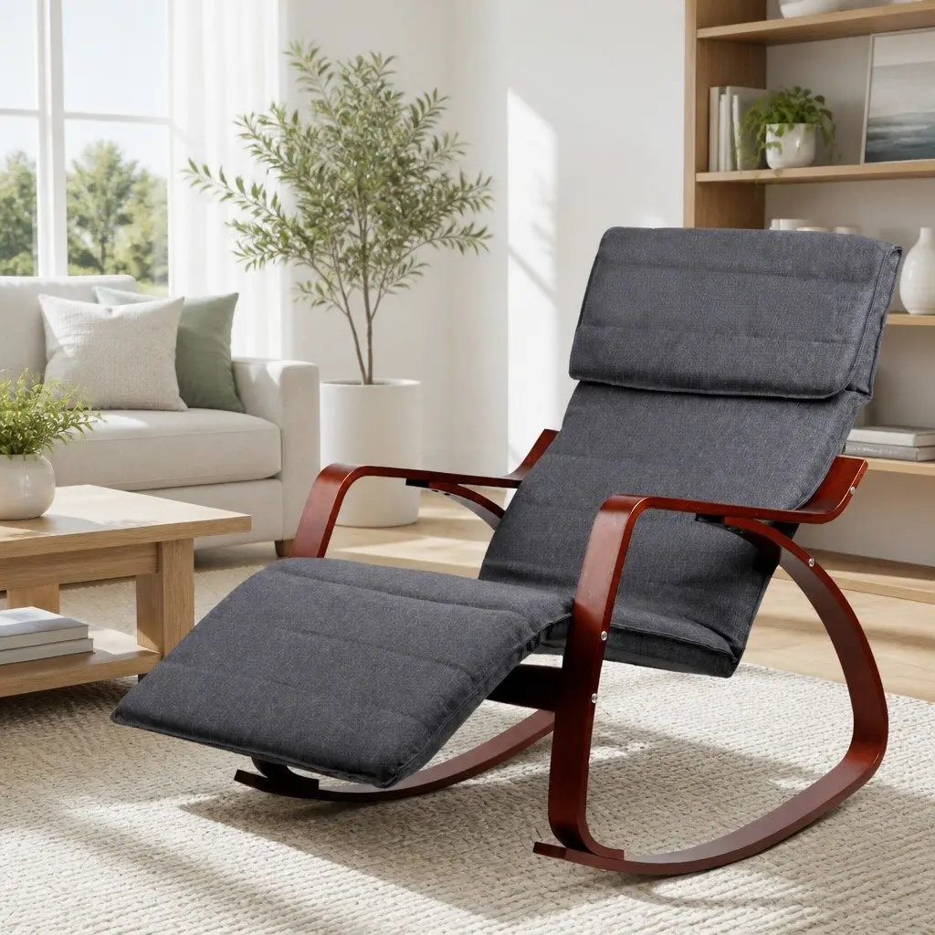 Rocking Armchair with Adjustable Footrest Charcoal Bentwood Nursing Chair