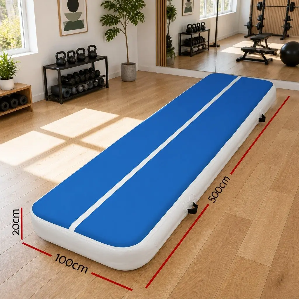 Inflatable Air Track Mat 5m x 1m Gymnastic Tumbling Exercise Bouncy Blue White
