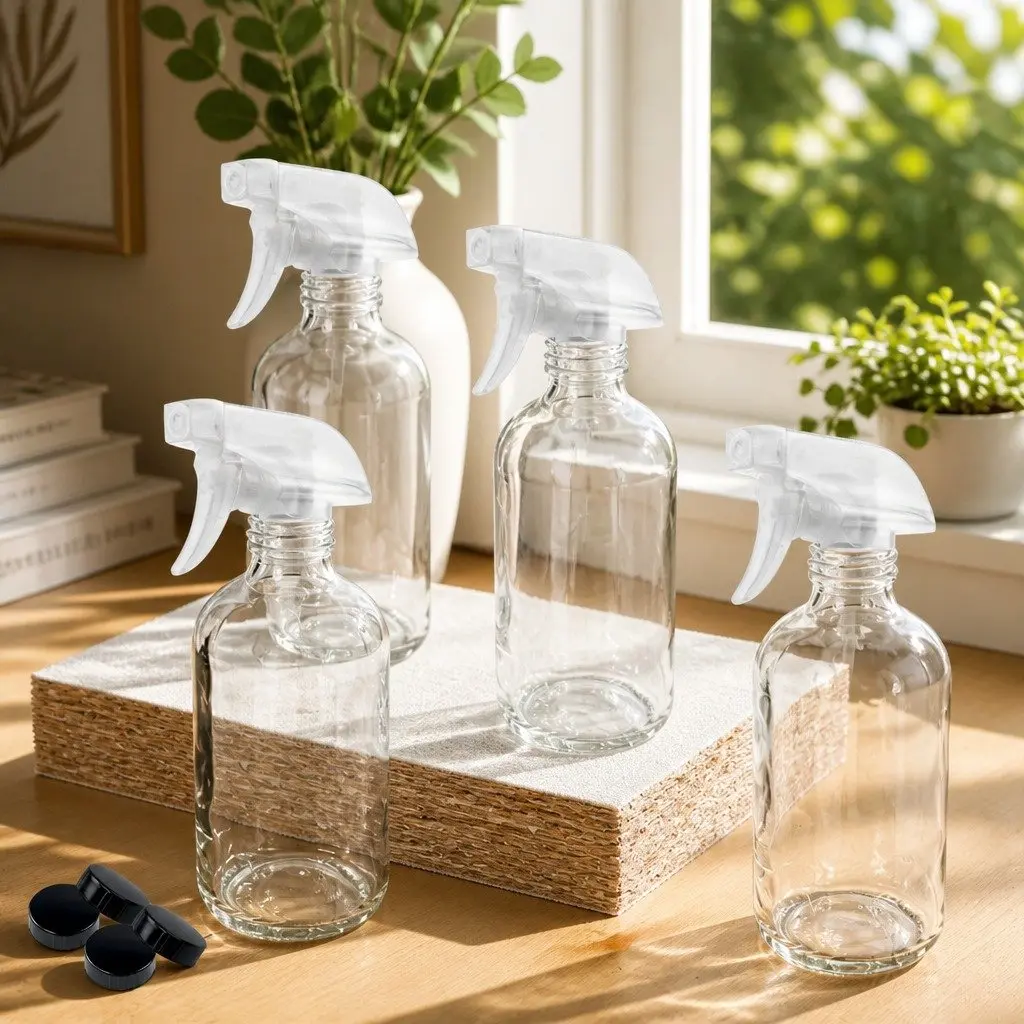 500ml Clear Glass Spray Bottles Ergonomic Trigger Nozzle Fine Mist Stream Set of 4