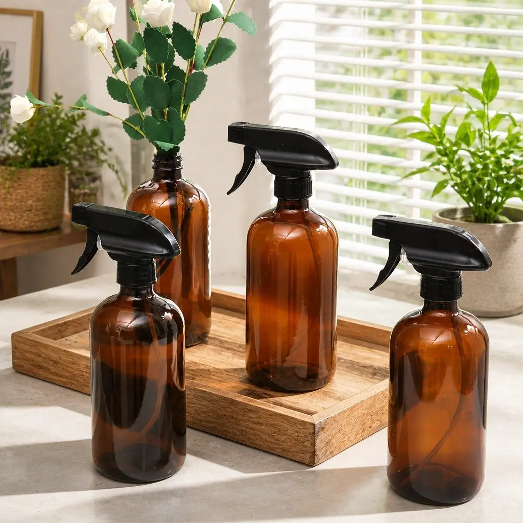 Amber Glass Spray Bottles Adjustable Nozzle 500ml Set of 4