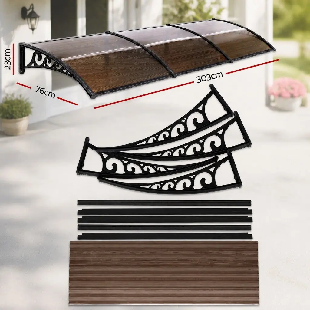 Window Door Awning Polycarbonate Canopy Brown 0.8m x 3m