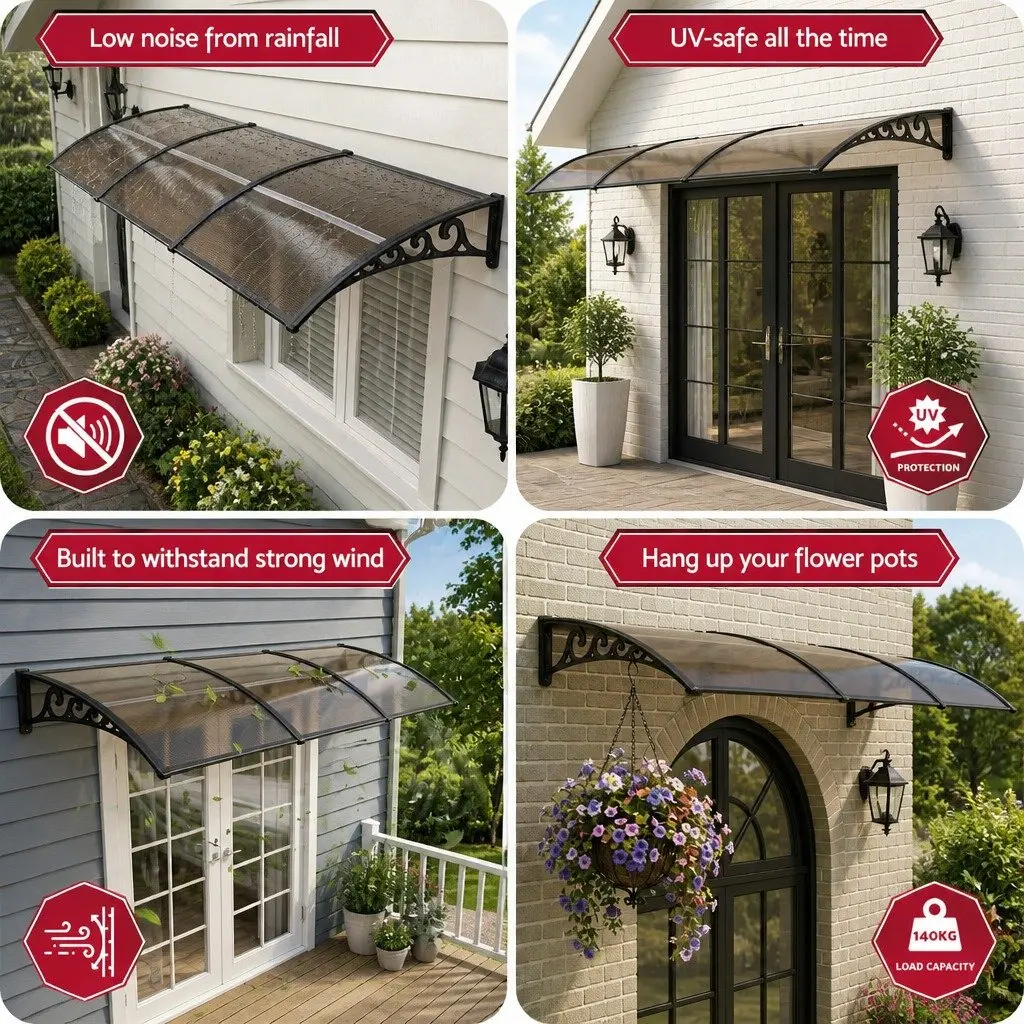 Window Door Awning Polycarbonate Canopy Brown 0.8m x 3m